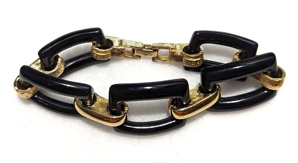 Monet Vintage Black Acrylic Gold Tone Square Bracelet